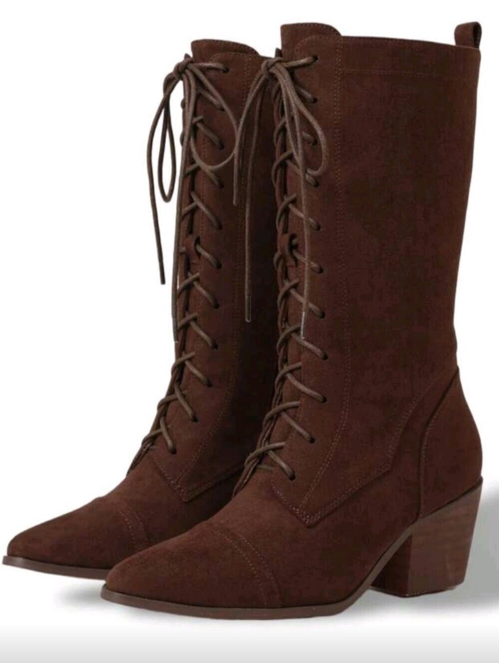 Women's Easter Leather Brown Mid Calf Boots Lace Up Chunky Heel Vintage Combat H - Picture 7 of 7